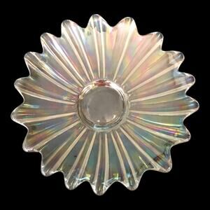 Vintage Iridescent Dish Shallow Bowl Federal Celestial Ribbed Mid Century 9.5"